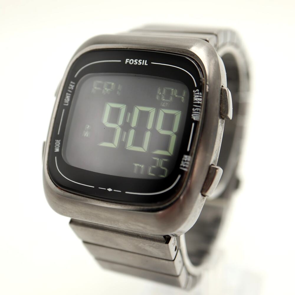 Fossil Rutherford 38mm Digital Watch Square Retro Gunmetal Steel w New Battery